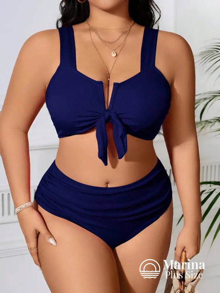 Biquíni Canelado Amarração Frontal Plus Size Azul-marinho / G Biquíni Canelado Amarração Frontal Plus Size