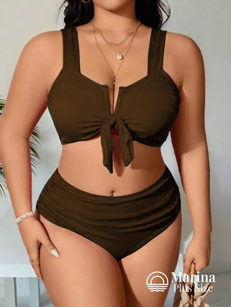 Biquíni Canelado Amarração Frontal Plus Size Café / G Biquíni Canelado Amarração Frontal Plus Size