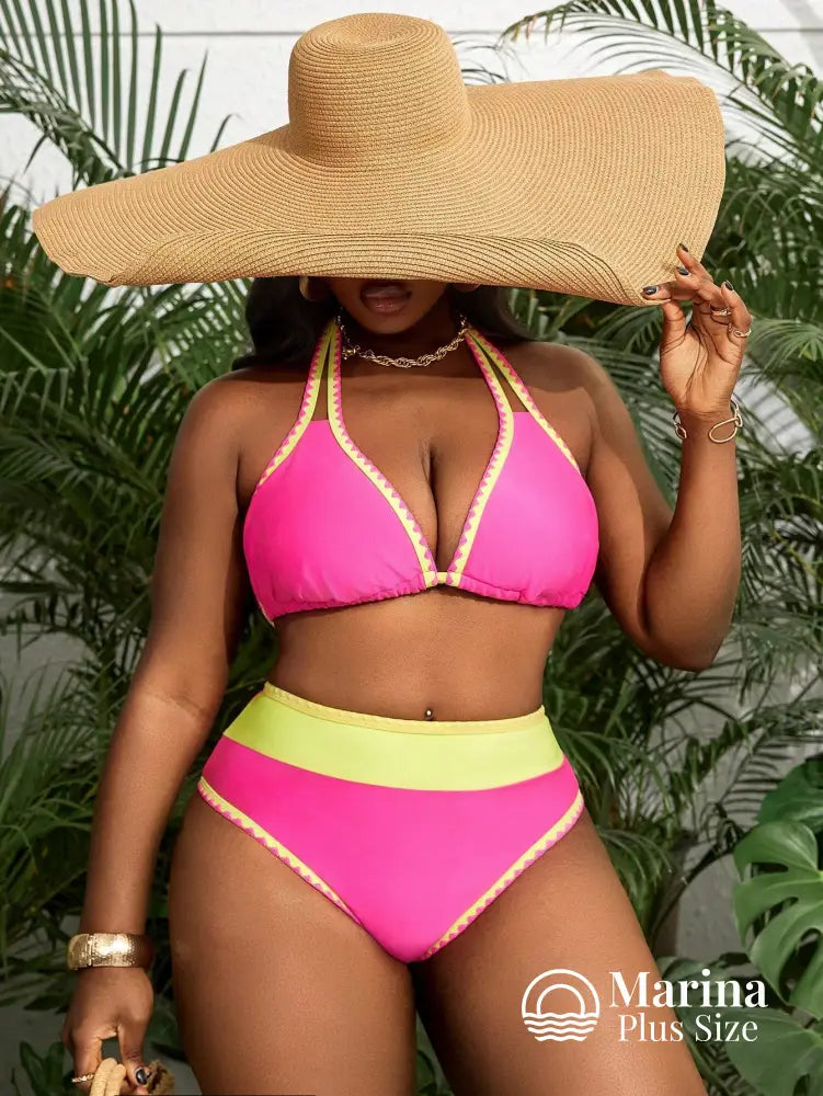 Biquíni Cintura Alta Bicolor Detalhe Zigue-Zague Plus Size Biquíni Cintura Alta Bicolor Detalhe Zigue-Zague Plus Size