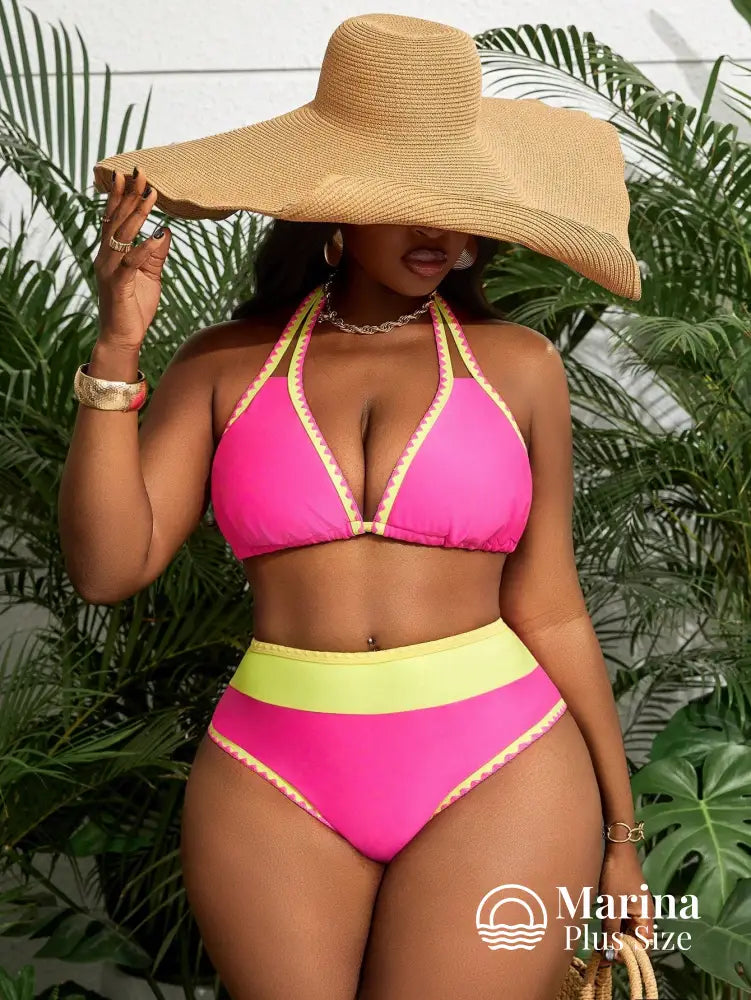 Biquíni Cintura Alta Bicolor Detalhe Zigue-Zague Plus Size Biquíni Cintura Alta Bicolor Detalhe Zigue-Zague Plus Size