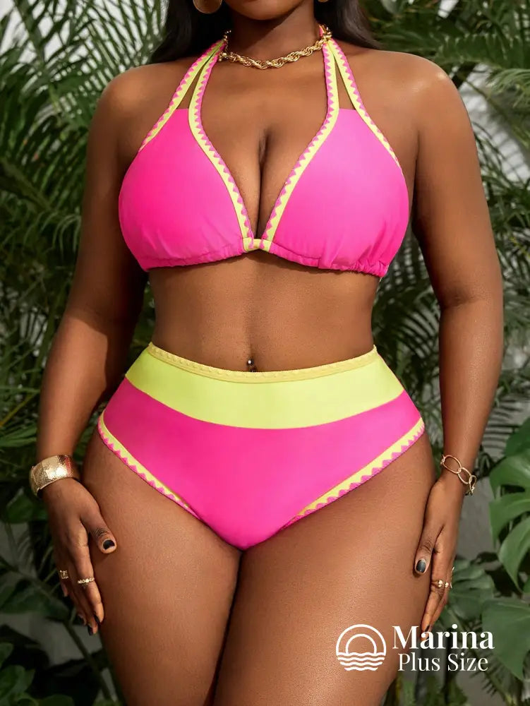 Biquíni Cintura Alta Bicolor Detalhe Zigue-Zague Plus Size Biquíni Cintura Alta Bicolor Detalhe Zigue-Zague Plus Size
