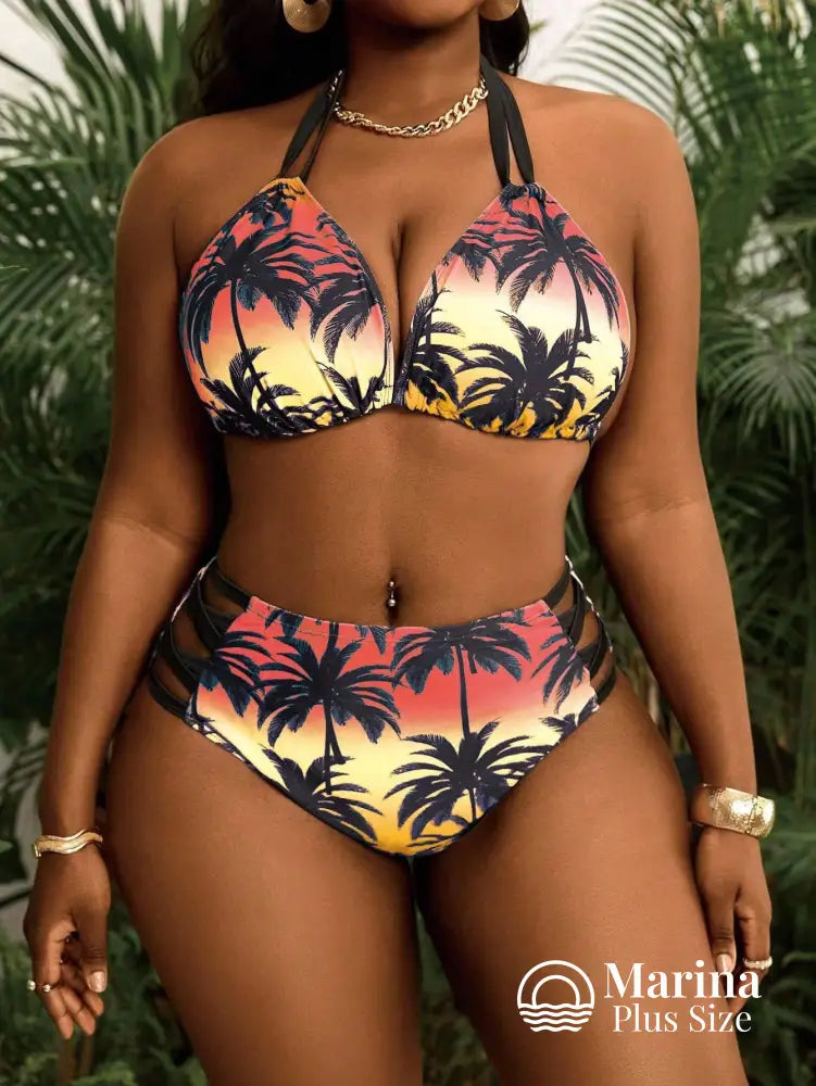 Biquíni Cintura Alta Estampa Tropical Com Tiras Plus Size Biquíni Cintura Alta Estampa Tropical Com Tiras Plus Size