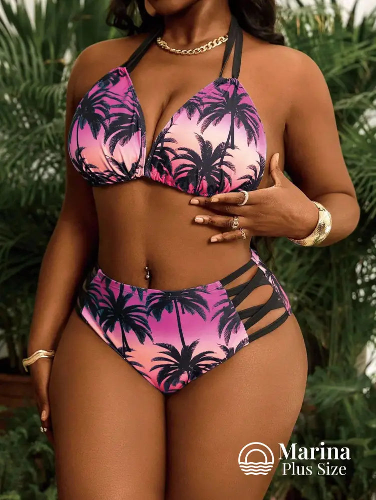 Biquíni Cintura Alta Estampa Tropical Com Tiras Plus Size Biquíni Cintura Alta Estampa Tropical Com Tiras Plus Size