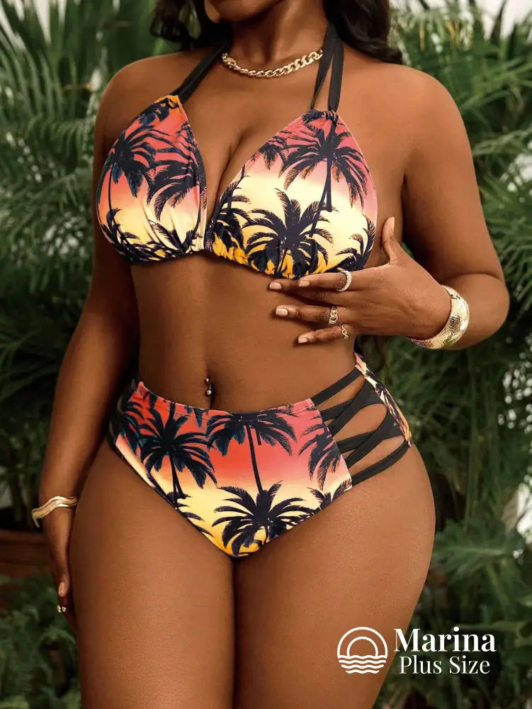 Biquíni Cintura Alta Estampa Tropical Com Tiras Plus Size Biquíni Cintura Alta Estampa Tropical Com Tiras Plus Size