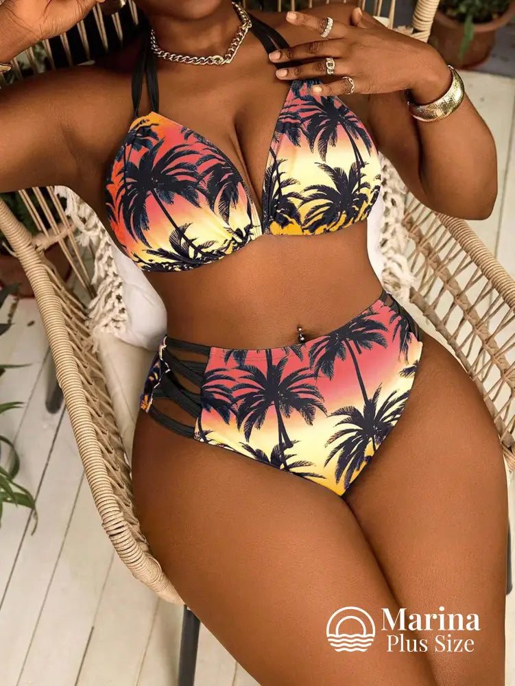 Biquíni Cintura Alta Estampa Tropical Com Tiras Plus Size Amarela / G Biquíni Cintura Alta Estampa Tropical Com Tiras