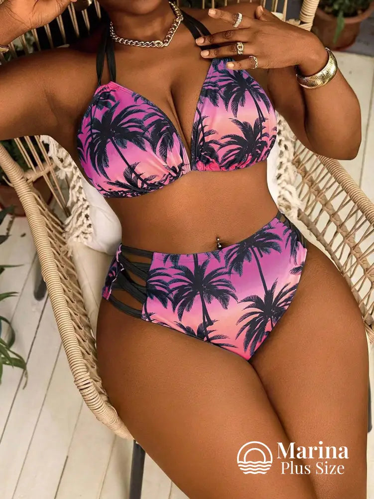 Biquíni Cintura Alta Estampa Tropical Com Tiras Plus Size Rosa / G Biquíni Cintura Alta Estampa Tropical Com Tiras Plus