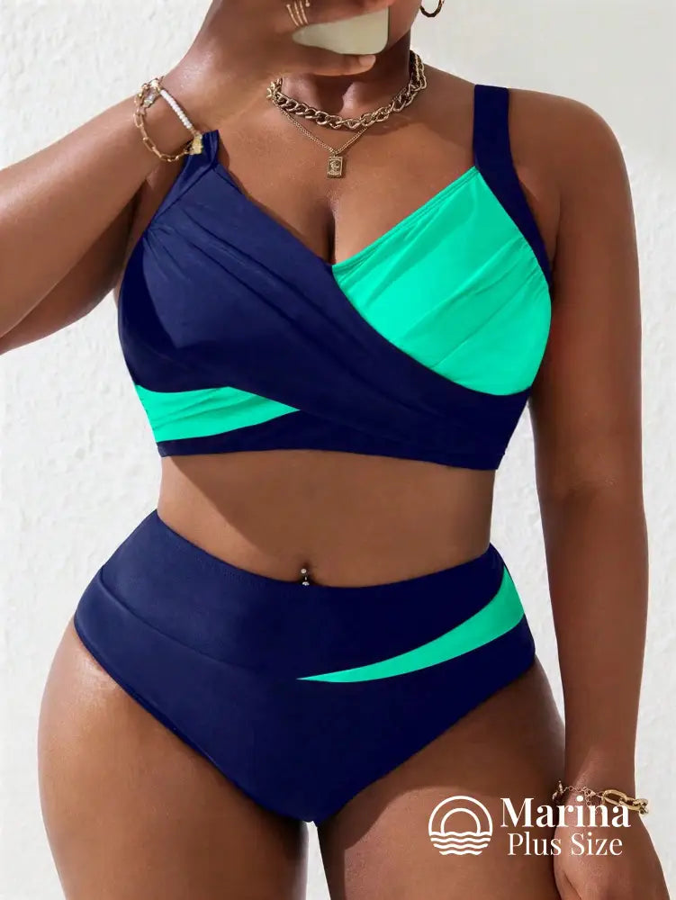 Biquíni Cropped Cintura Alta Recortes Geométricos Plus Size Azul Petróleo / G Biquíni Cropped Cintura Alta Recortes