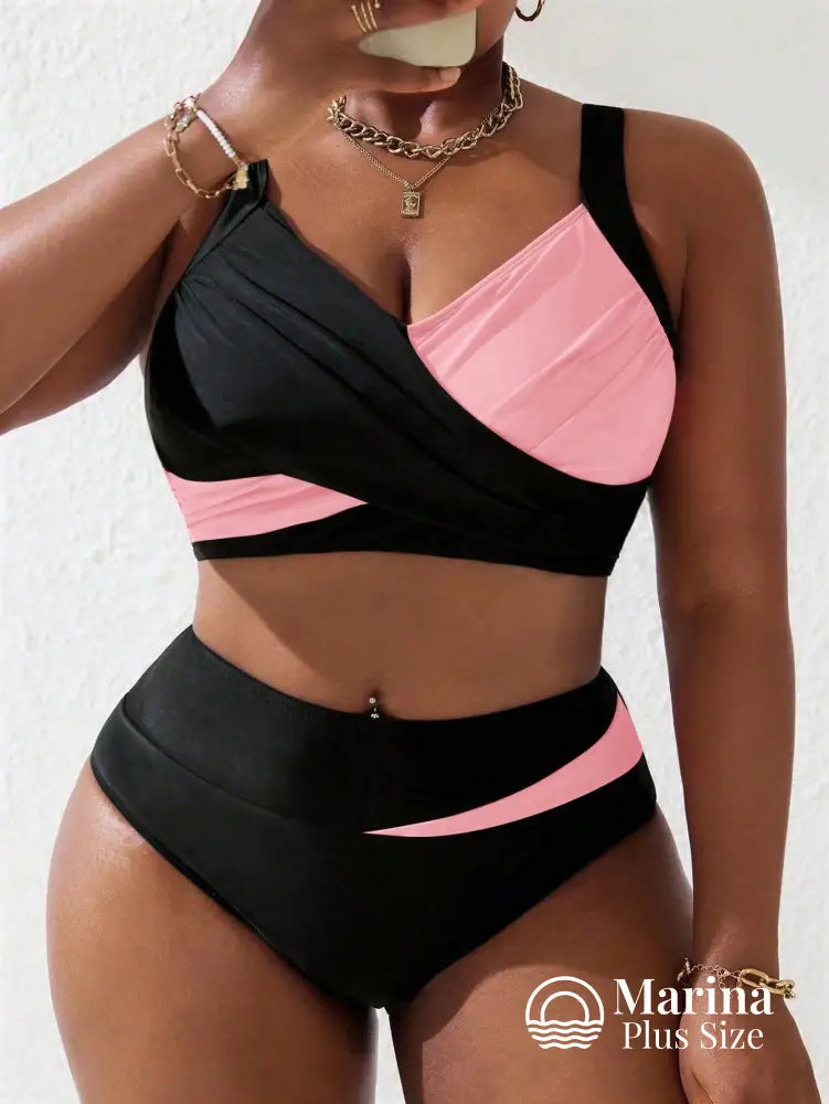 Biquíni Cropped Cintura Alta Recortes Geométricos Plus Size Rosa / G Biquíni Cropped Cintura Alta Recortes Geométricos