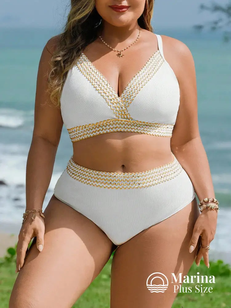 Biquíni Decote V Faixa Trançada Cintura Alta Plus Size Biquíni Decote V Faixa Trançada Cintura Alta Plus Size