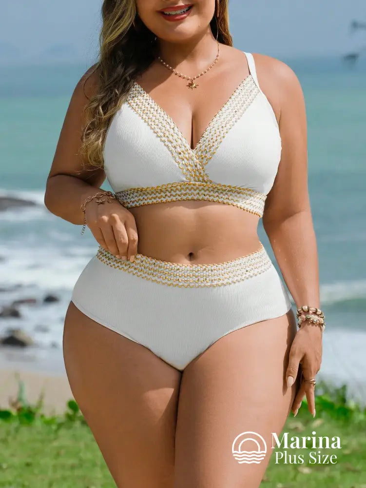 Biquíni Decote V Faixa Trançada Cintura Alta Plus Size Branco / G Biquíni Decote V Faixa Trançada Cintura Alta Plus Size