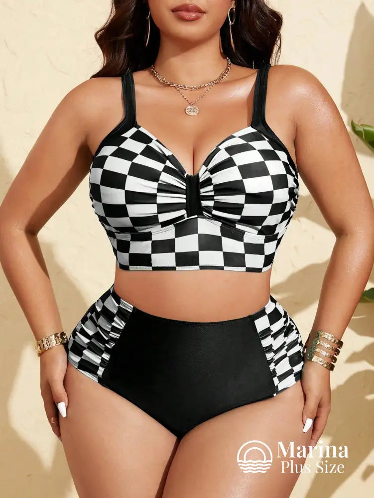 Biquíni Estruturado Xadrez Cintura Alta Plus Size Biquíni Estruturado Xadrez Cintura Alta Plus Size