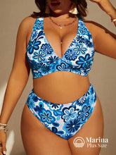 Biquíni Floral Retrô Decote V Cintura Alta Plus Size Azul / G Biquíni Floral Retrô Decote V Cintura Alta Plus Size
