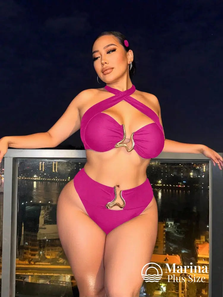 Biquíni Halter Cruzado Cintura Alta Aviamento Plus Size Rosa Choque / G Biquíni Halter Cruzado Cintura Alta Aviamento