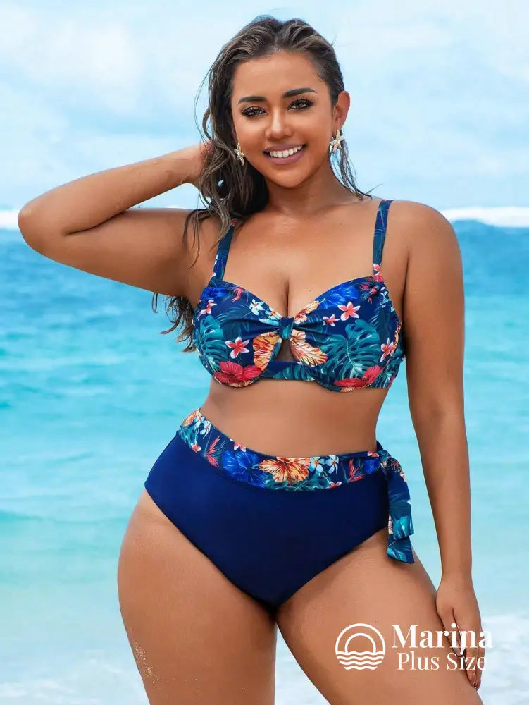 Biquíni Meia Taça Estampa Tropical Cintura Alta Plus Size Azul-marinho / G Biquíni Meia Taça Estampa Tropical Cintura