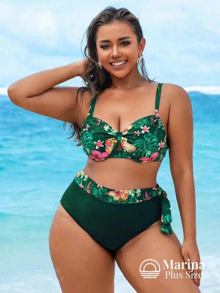 Biquíni Meia Taça Estampa Tropical Cintura Alta Plus Size Verde / G Biquíni Meia Taça Estampa Tropical Cintura Alta