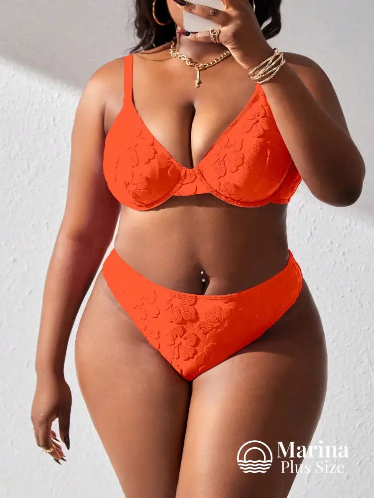 Biquíni Meia Taça Texturizado Floral Plus Size Laranja / G Biquíni Meia Taça Texturizado Floral Plus Size