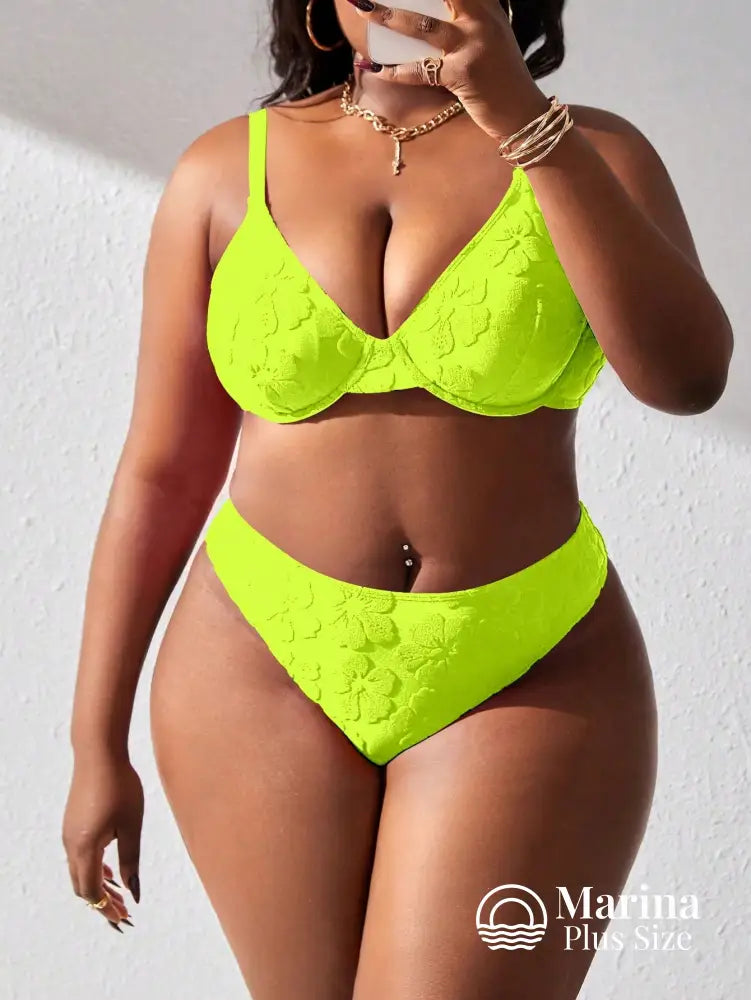 Biquíni Meia Taça Texturizado Floral Plus Size Verde Limão / G Biquíni Meia Taça Texturizado Floral Plus Size