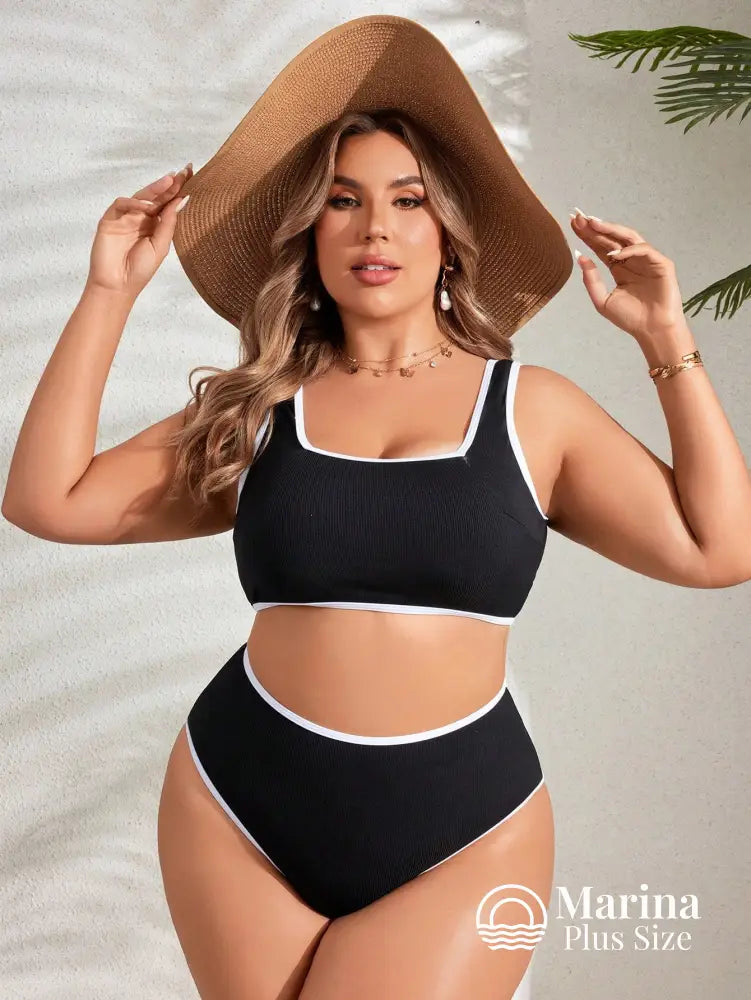 Biquíni Reto Canelado Borda Contrastante Plus Size Biquíni Reto Canelado Borda Contrastante Plus Size