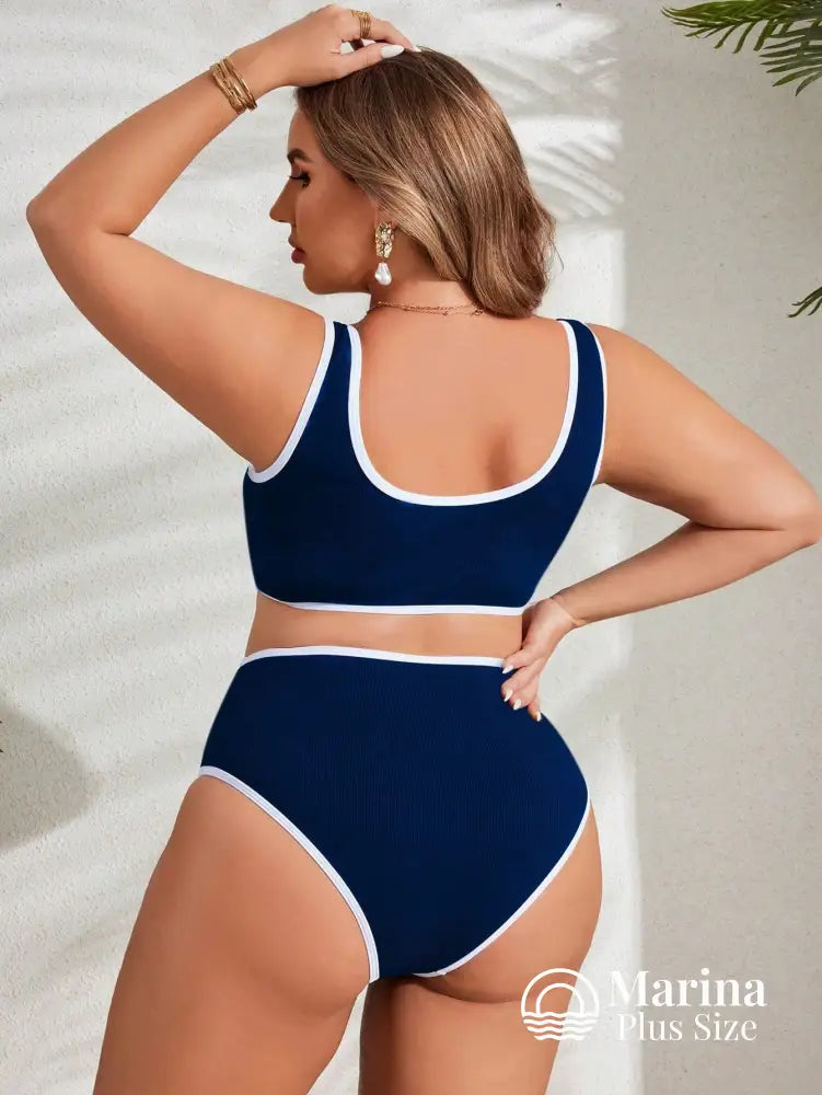 Biquíni Reto Canelado Borda Contrastante Plus Size Biquíni Reto Canelado Borda Contrastante Plus Size