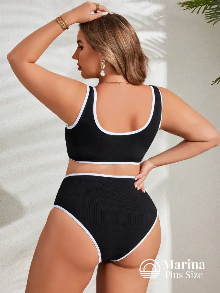Biquíni Reto Canelado Borda Contrastante Plus Size Biquíni Reto Canelado Borda Contrastante Plus Size