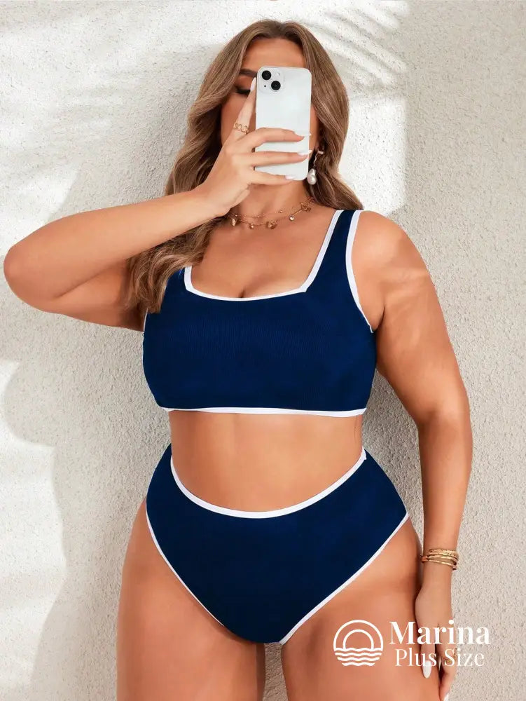 Biquíni Reto Canelado Borda Contrastante Plus Size Azul-marinho / G Biquíni Reto Canelado Borda Contrastante Plus Size