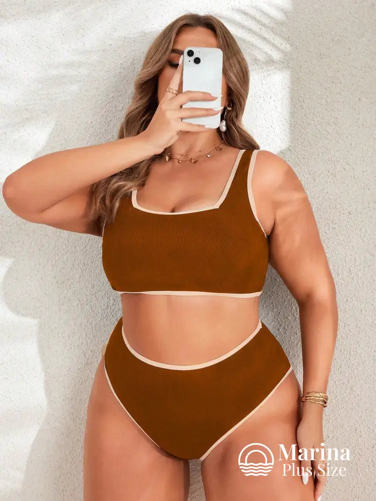 Biquíni Reto Canelado Borda Contrastante Plus Size Café / G Biquíni Reto Canelado Borda Contrastante Plus Size