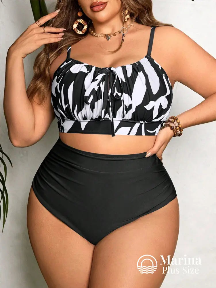 Biquíni Reto Estampa Tropical Cintura Alta Plus Size Preto / G Biquíni Reto Estampa Tropical Cintura Alta Plus Size