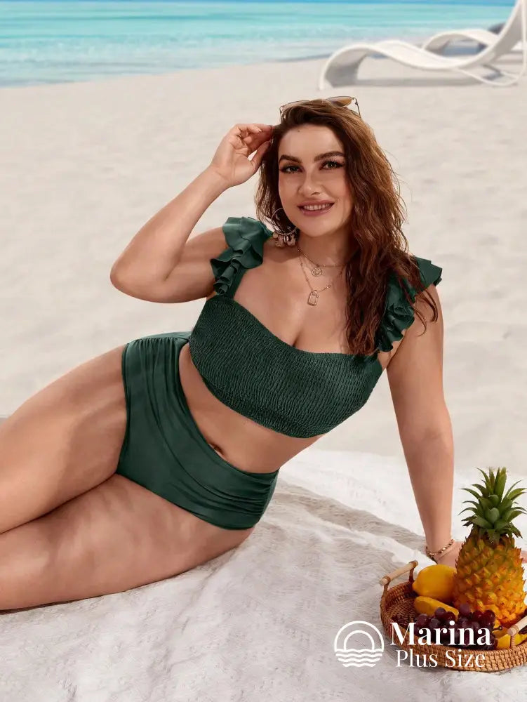 Biquíni Reto Texturizado Babados Cintura Alta Plus Size Biquíni Reto Texturizado Babados Cintura Alta Plus Size
