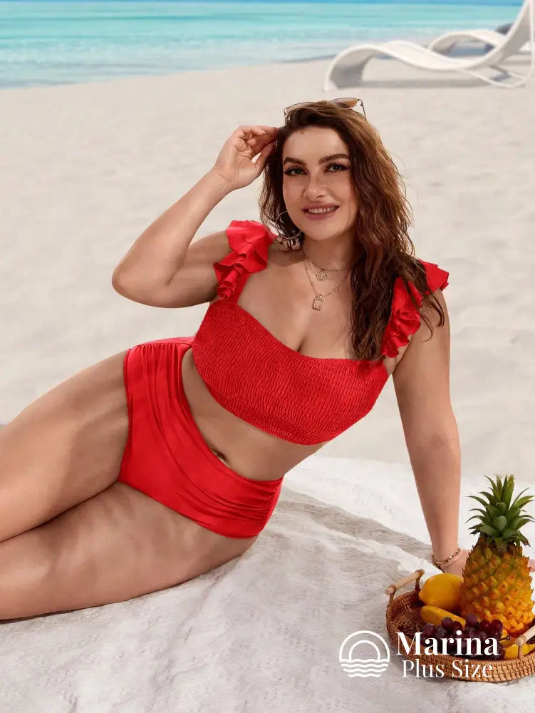 Biquíni Reto Texturizado Babados Cintura Alta Plus Size Biquíni Reto Texturizado Babados Cintura Alta Plus Size