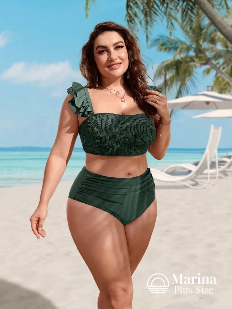 Biquíni Reto Texturizado Babados Cintura Alta Plus Size Biquíni Reto Texturizado Babados Cintura Alta Plus Size