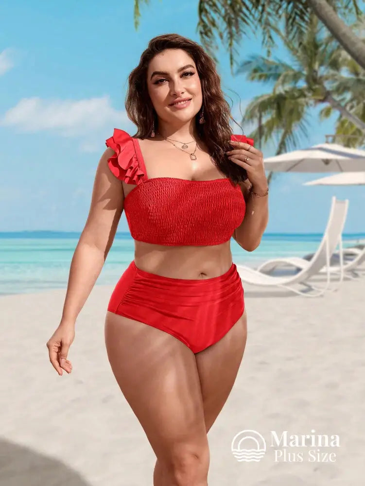 Biquíni Reto Texturizado Babados Cintura Alta Plus Size Biquíni Reto Texturizado Babados Cintura Alta Plus Size