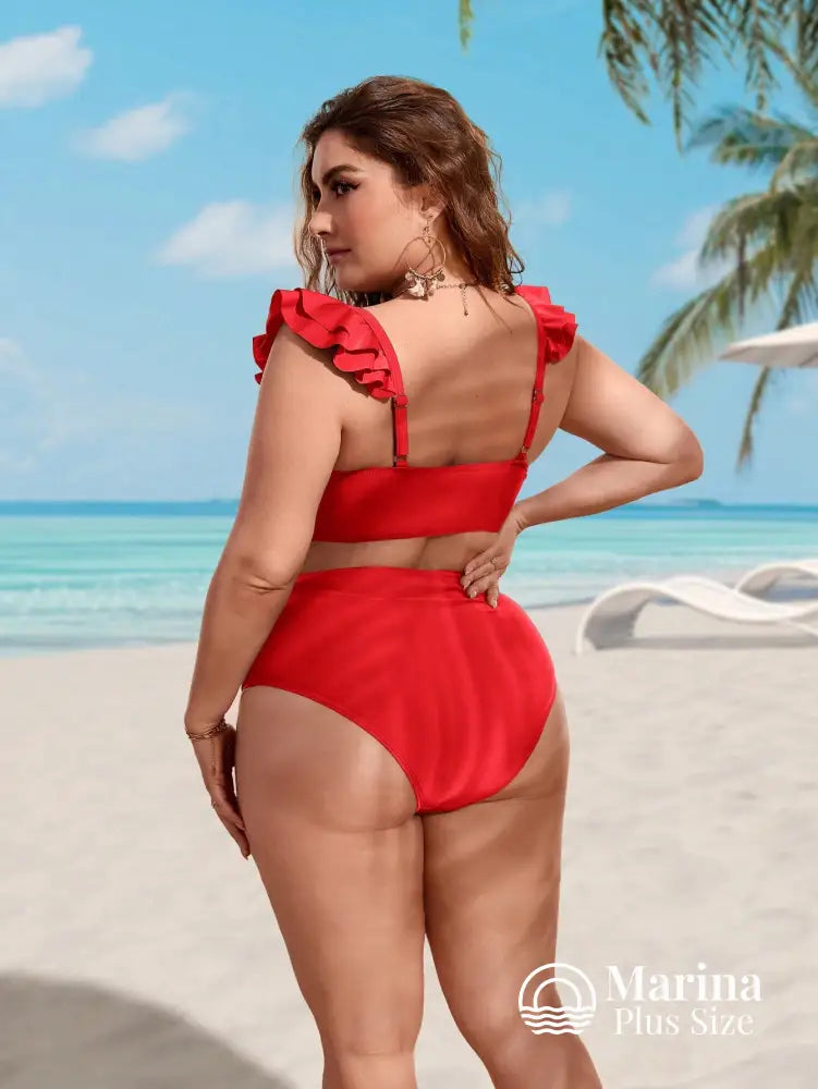 Biquíni Reto Texturizado Babados Cintura Alta Plus Size Biquíni Reto Texturizado Babados Cintura Alta Plus Size