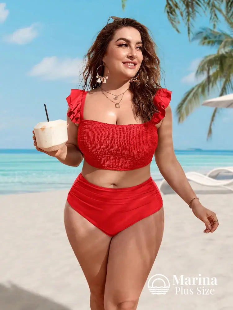 Biquíni Reto Texturizado Babados Cintura Alta Plus Size Vermelho / G Biquíni Reto Texturizado Babados Cintura Alta Plus