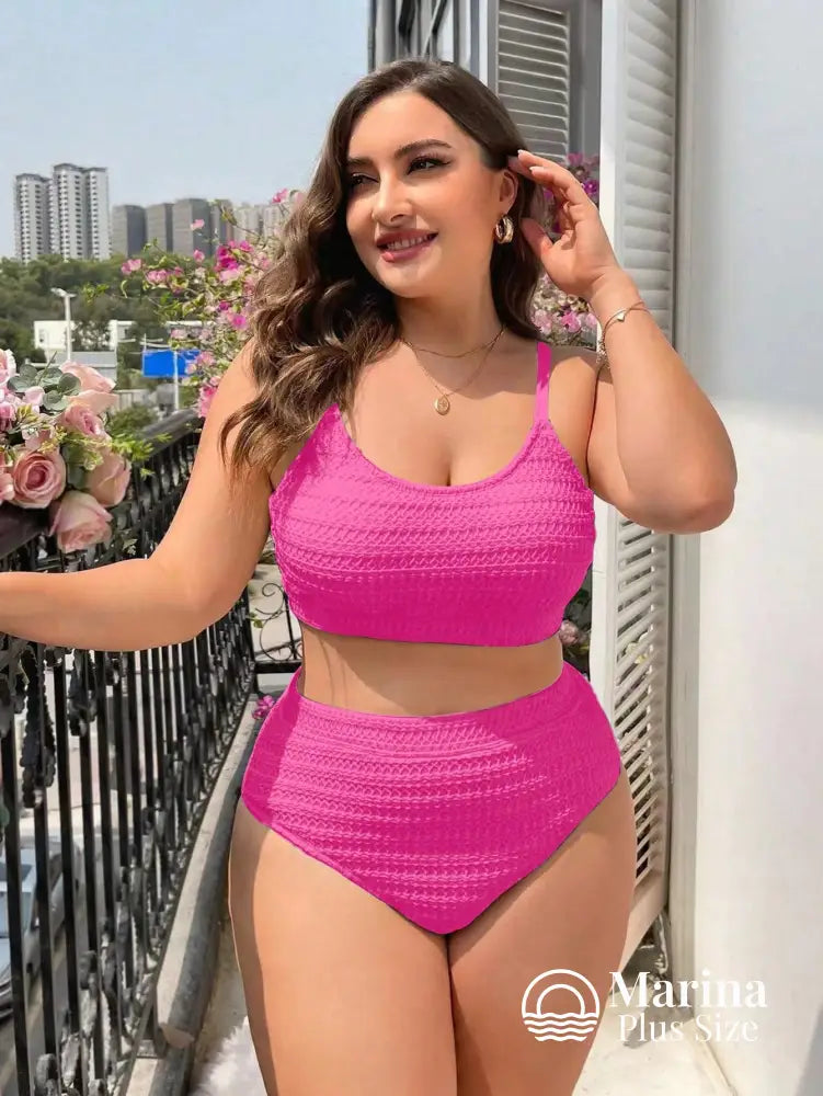 Biquíni Texturizado Top Reto Cintura Alta Plus Size Rosa Choque / G Biquíni Texturizado Top Reto Cintura Alta Plus Size