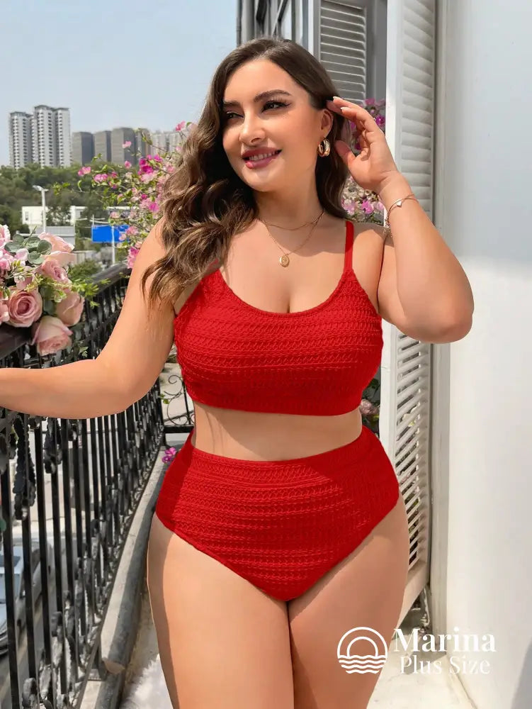 Biquíni Texturizado Top Reto Cintura Alta Plus Size Vermelho / G Biquíni Texturizado Top Reto Cintura Alta Plus Size
