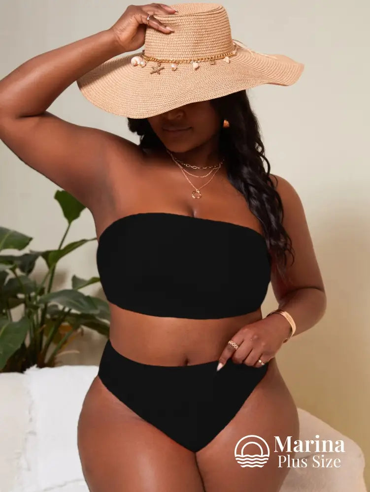Biquíni Tomara Que Caia Canelado Cintura Alta Plus Size Preto / G Biquíni Tomara Que Caia Canelado Cintura Alta Plus