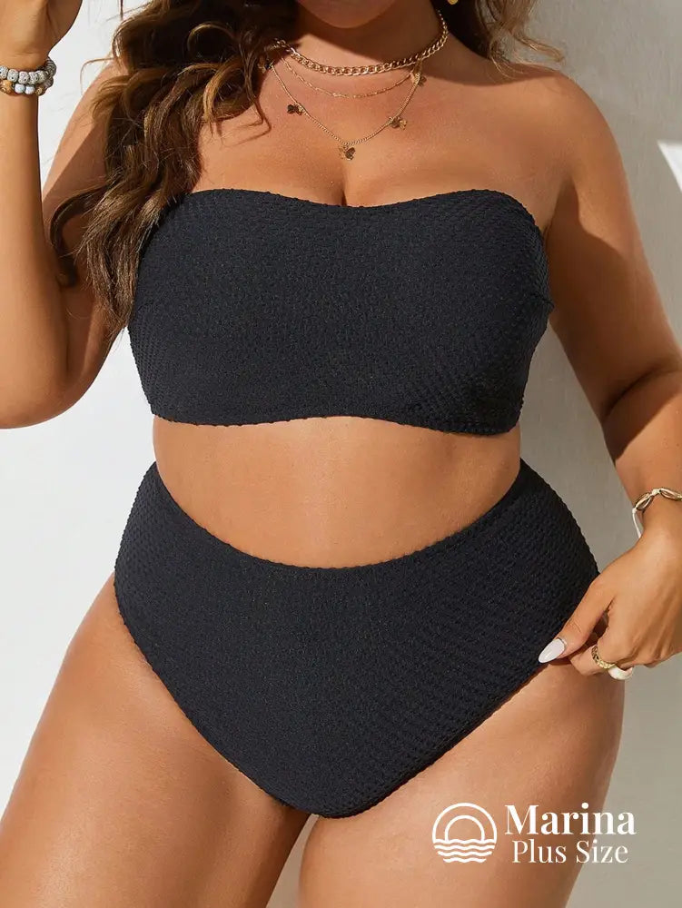 Biquíni Tomara Que Caia Texturizado Cintura Alta Plus Size Preto / G Biquíni Tomara Que Caia Texturizado Cintura Alta