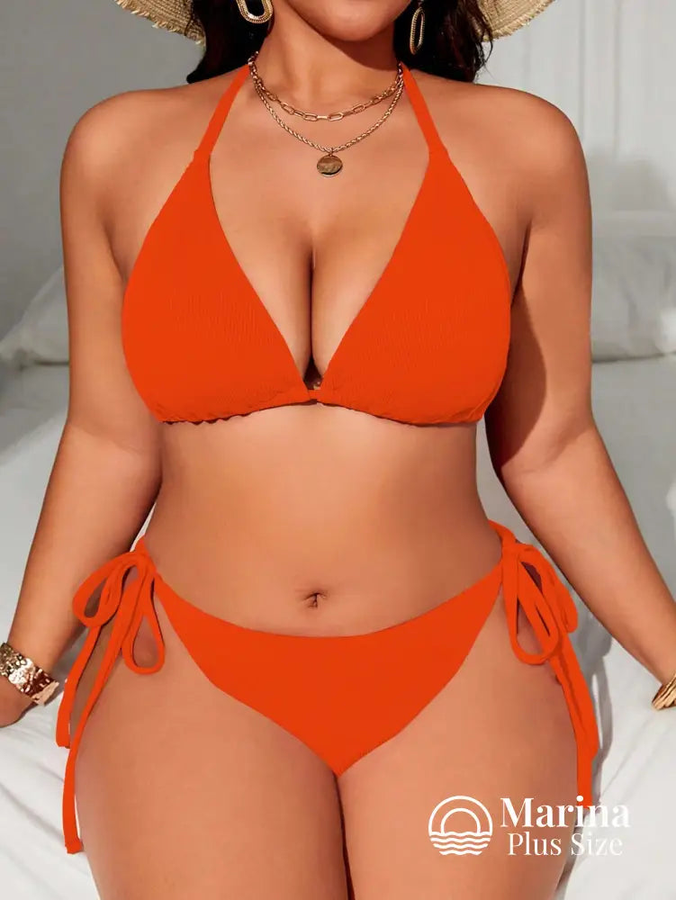 Biquíni Triângulo Canelado Amarração Lateral Plus Size Laranja / G Biquíni Triângulo Canelado Amarração Lateral Plus