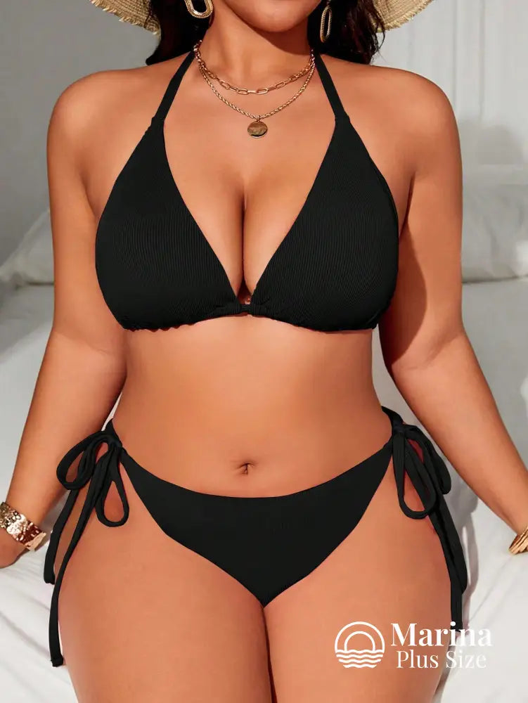 Biquíni Triângulo Canelado Amarração Lateral Plus Size Preto / G Biquíni Triângulo Canelado Amarração Lateral Plus Size
