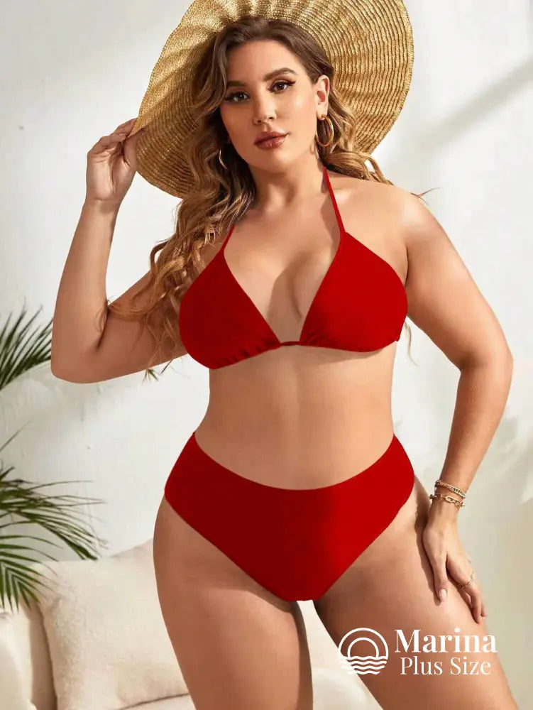 Biquíni Triângulo Cintura Alta Amarração Plus Size Vermelho / G Biquíni Triângulo Cintura Alta Amarração Plus Size