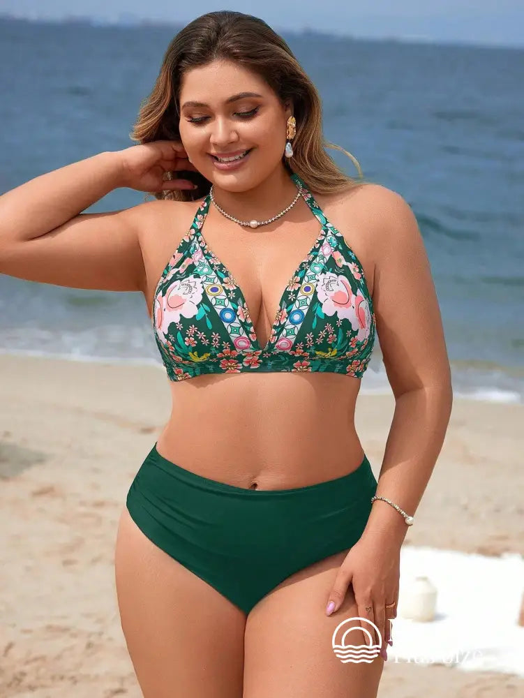 Biquíni Triângulo Floral Cintura Alta Drapeada Plus Size Biquíni Triângulo Floral Cintura Alta Drapeada Plus Size