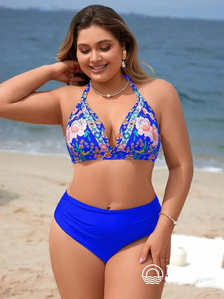 Biquíni Triângulo Floral Cintura Alta Drapeada Plus Size Biquíni Triângulo Floral Cintura Alta Drapeada Plus Size