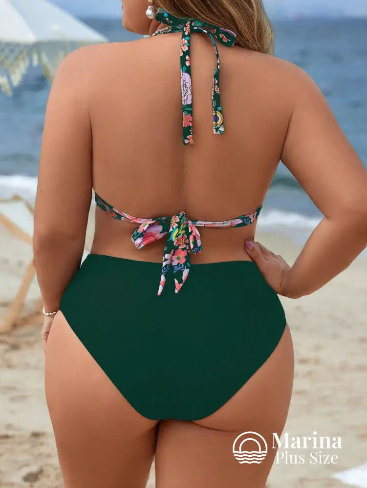 Biquíni Triângulo Floral Cintura Alta Drapeada Plus Size Biquíni Triângulo Floral Cintura Alta Drapeada Plus Size