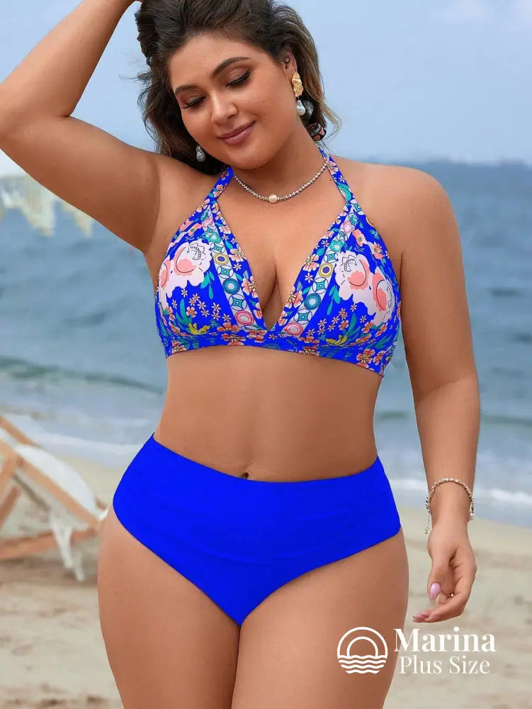 Biquíni Triângulo Floral Cintura Alta Drapeada Plus Size Biquíni Triângulo Floral Cintura Alta Drapeada Plus Size