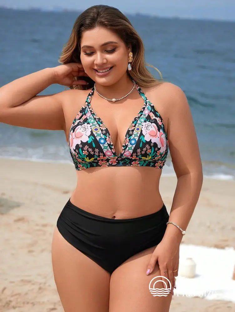 Biquíni Triângulo Floral Cintura Alta Drapeada Plus Size Biquíni Triângulo Floral Cintura Alta Drapeada Plus Size