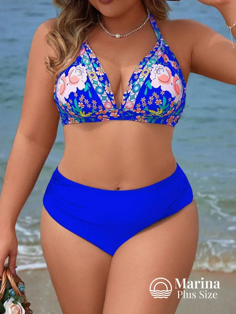 Biquíni Triângulo Floral Cintura Alta Drapeada Plus Size Azul / G Biquíni Triângulo Floral Cintura Alta Drapeada Plus