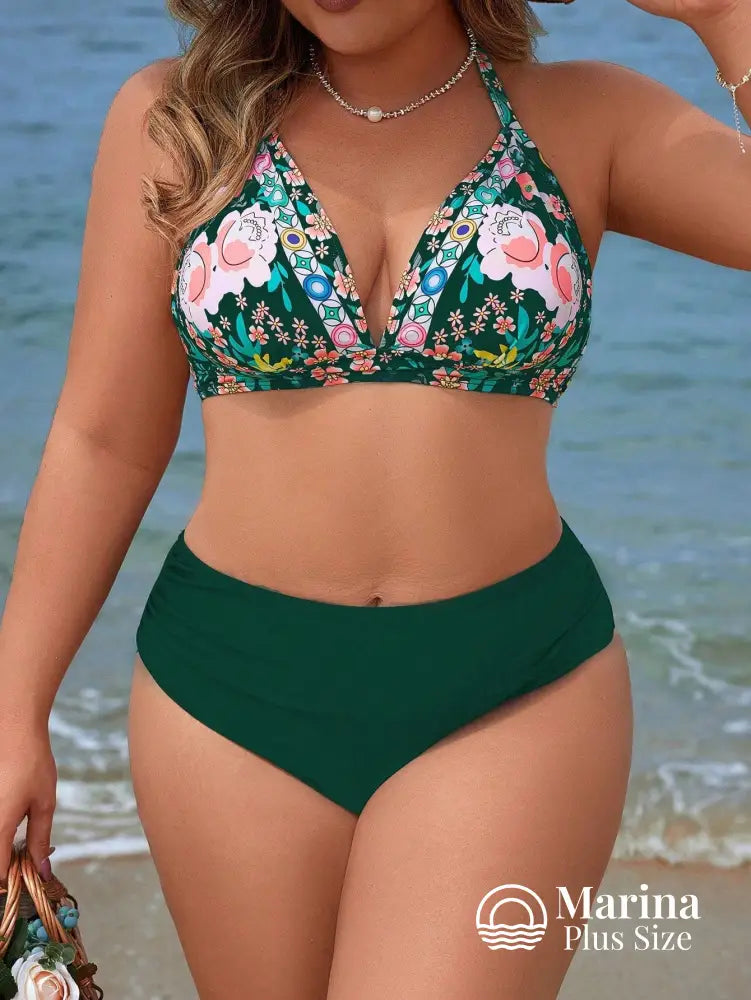 Biquíni Triângulo Floral Cintura Alta Drapeada Plus Size Verde / G Biquíni Triângulo Floral Cintura Alta Drapeada Plus