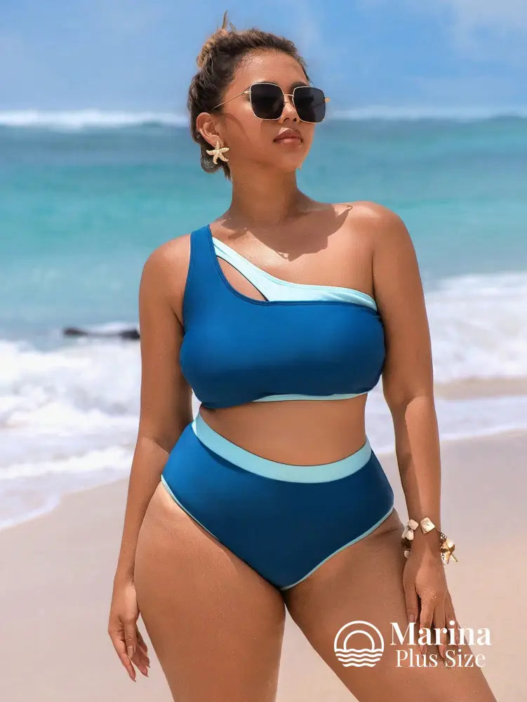 Biquíni Um Ombro Só Bicolor Cintura Alta Plus Size Biquíni Um Ombro Só Bicolor Cintura Alta Plus Size