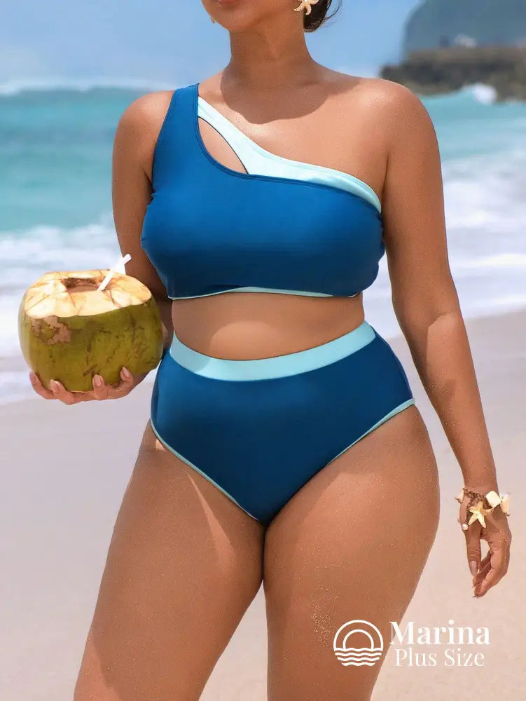 Biquíni Um Ombro Só Bicolor Cintura Alta Plus Size Biquíni Um Ombro Só Bicolor Cintura Alta Plus Size