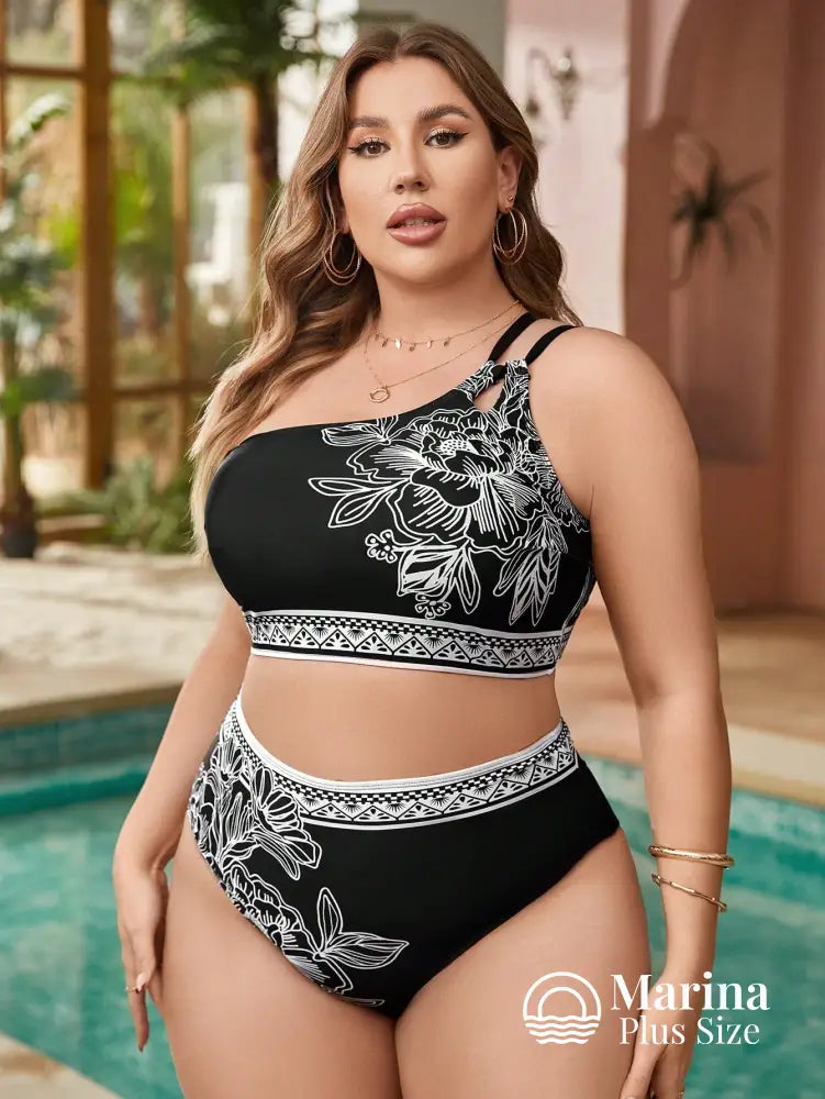 Biquíni Um Ombro Só Floral Cintura Alta Plus Size Biquíni Um Ombro Só Floral Cintura Alta Plus Size